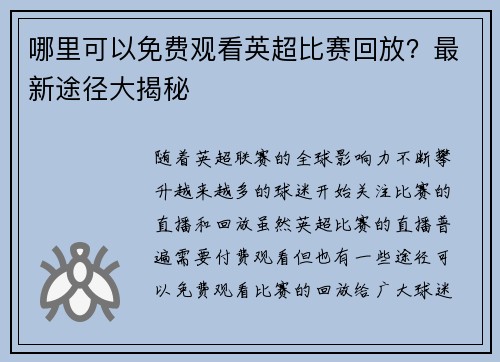 哪里可以免费观看英超比赛回放？最新途径大揭秘